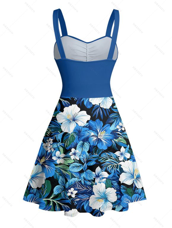 Mini Robe de Vacances Ligne A Motif de Feuille Fleurie Partout à Volants - Bleu XXL | US 14