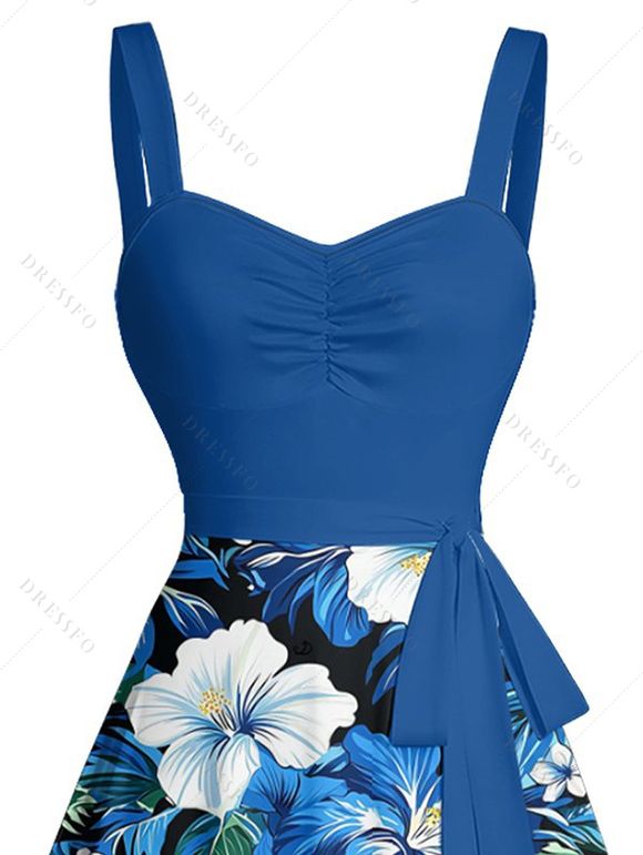 Mini Robe de Vacances Ligne A Motif de Feuille Fleurie Partout à Volants - Bleu XXL | US 14