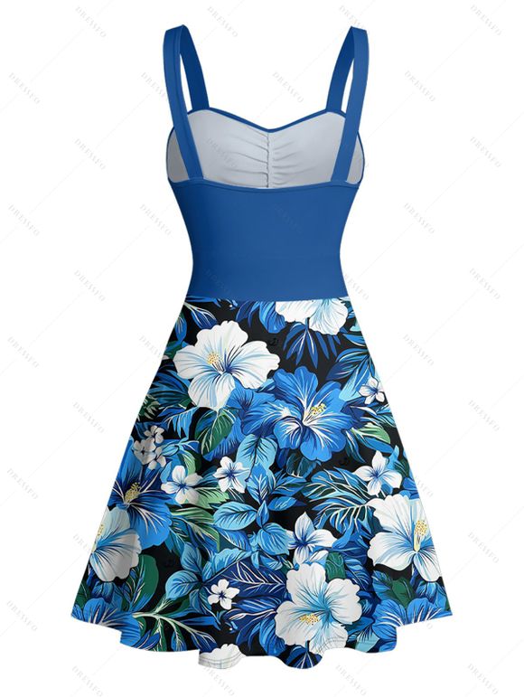 Vacation Couple Outfit Allover Hibiscus Floral Leaf Pattern Ruched Bust Belt Sweetheart Neck A Line Mini Dress and Roll Up Sleeve Shirt Beach Matching Outfit - Bleu S | US 4