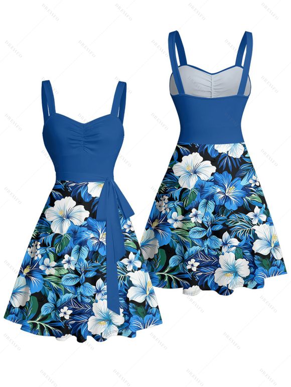 Vacation Couple Outfit Allover Hibiscus Floral Leaf Pattern Ruched Bust Belt Sweetheart Neck A Line Mini Dress and Roll Up Sleeve Shirt Beach Matching Outfit - Bleu S | US 4