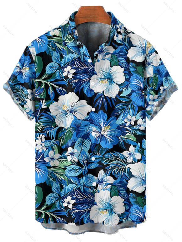 Vacation Couple Outfit Allover Hibiscus Floral Leaf Pattern Ruched Bust Belt Sweetheart Neck A Line Mini Dress and Roll Up Sleeve Shirt Beach Matching Outfit - Bleu S | US 4