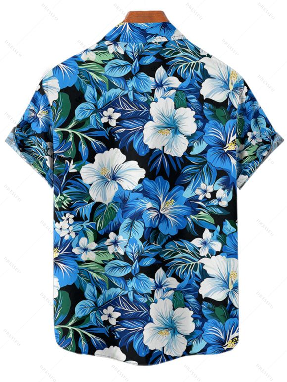 Vacation Couple Outfit Allover Hibiscus Floral Leaf Pattern Ruched Bust Belt Sweetheart Neck A Line Mini Dress and Roll Up Sleeve Shirt Beach Matching Outfit - Bleu S | US 4