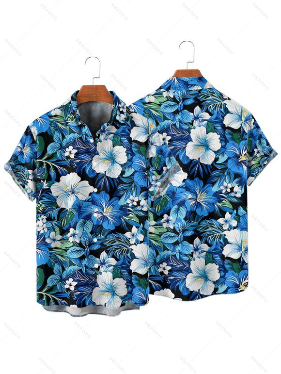 Vacation Couple Outfit Allover Hibiscus Floral Leaf Pattern Ruched Bust Belt Sweetheart Neck A Line Mini Dress and Roll Up Sleeve Shirt Beach Matching Outfit - Bleu S | US 4