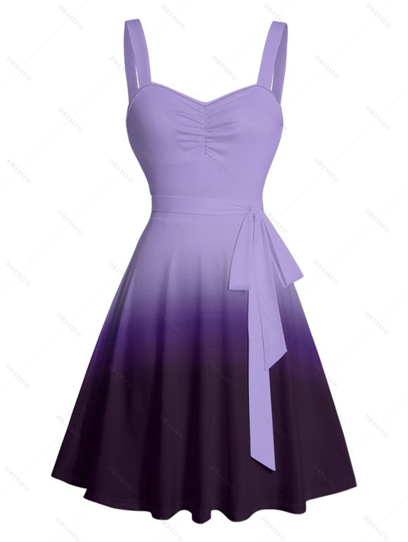 Ombre Ruched Bust Belt Dress Sweetheart Neck Empire Waist A Line Mini Casual Dress - PURPLE XXXXL | US 18