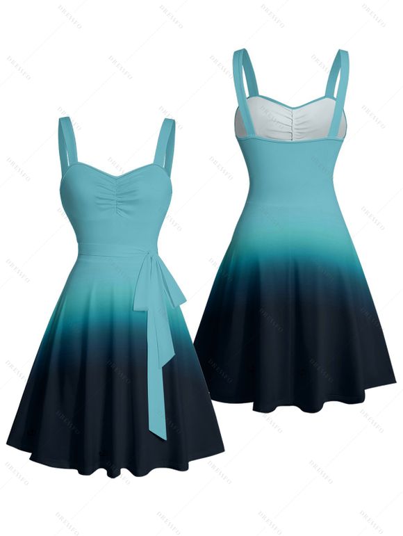 Casual Couple Outfit Ombre Ruched Bust Belt Sweetheart Neck A Line Mini Dress and Roll Up Sleeve Shirt Matching Outfit - Vert S | US 4