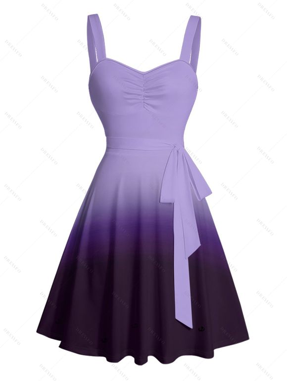 Vacation Couple Outfit Ombre Ruched Bust Belt Sweetheart Neck Empire Waist A Line Mini Dress and Roll Up Sleeve Shirt Drawstring Shorts Beach Matching Outfit - Pourpre S