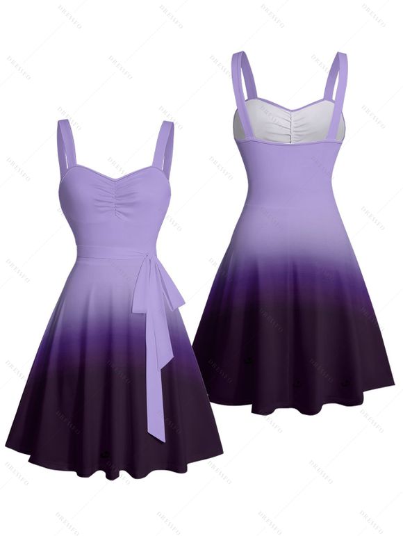 Vacation Couple Outfit Ombre Ruched Bust Belt Sweetheart Neck Empire Waist A Line Mini Dress and Roll Up Sleeve Shirt Drawstring Shorts Beach Matching Outfit - Pourpre S