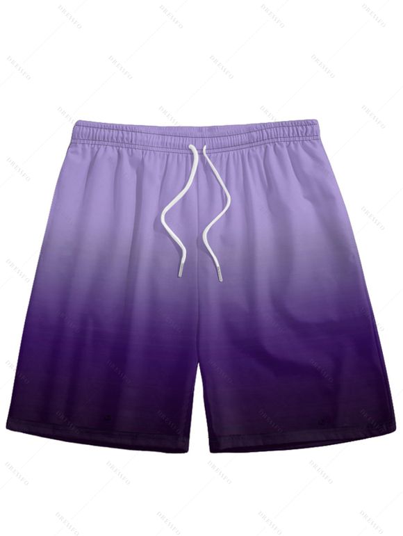 Vacation Couple Outfit Ombre Ruched Bust Belt Sweetheart Neck Empire Waist A Line Mini Dress and Roll Up Sleeve Shirt Drawstring Shorts Beach Matching Outfit - Pourpre S