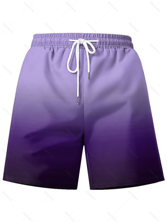 Vacation Couple Outfit Ombre Ruched Bust Belt Sweetheart Neck Empire Waist A Line Mini Dress and Roll Up Sleeve Shirt Drawstring Shorts Beach Matching Outfit - Pourpre S