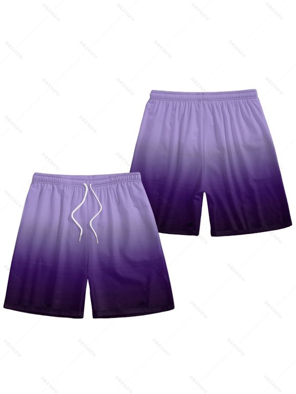 Vacation Couple Outfit Ombre Ruched Bust Belt Sweetheart Neck Empire Waist A Line Mini Dress and Roll Up Sleeve Shirt Drawstring Shorts Beach Matching Outfit - Pourpre S