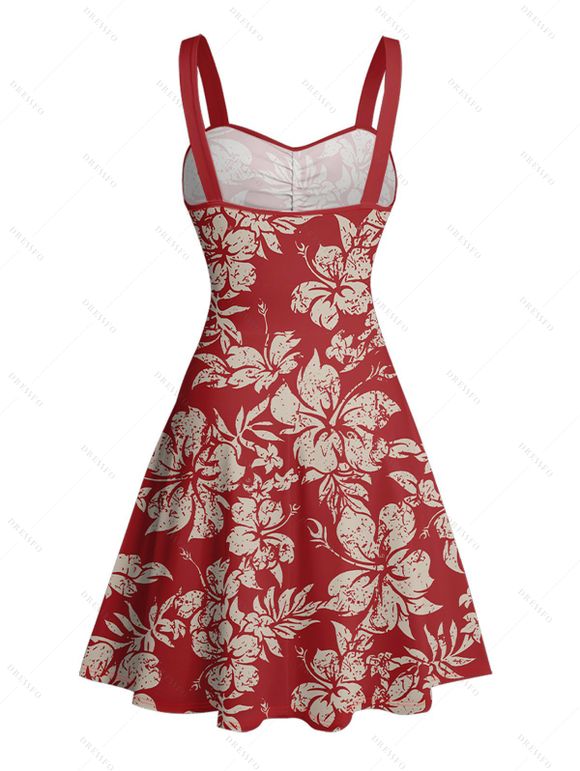Vacation Couple Outfit Allover Hibiscus Floral Leaf Pattern Ruched Bust Sweetheart Neck A Line Mini Belt Dress and Roll Up Sleeve Shirt Vintage Matching Outfit - Rouge foncé S | US 4