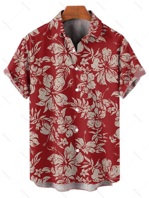 Vacation Couple Outfit Allover Hibiscus Floral Leaf Pattern Ruched Bust Sweetheart Neck A Line Mini Belt Dress and Roll Up Sleeve Shirt Vintage Matching Outfit - Rouge foncé S | US 4