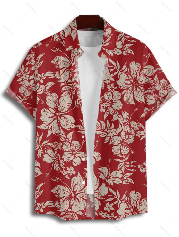 Vacation Couple Outfit Allover Hibiscus Floral Leaf Pattern Ruched Bust Sweetheart Neck A Line Mini Belt Dress and Roll Up Sleeve Shirt Vintage Matching Outfit - Rouge foncé S | US 4