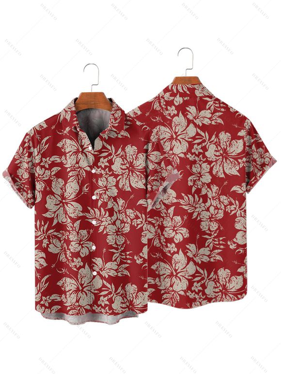 Vacation Couple Outfit Allover Hibiscus Floral Leaf Pattern Ruched Bust Sweetheart Neck A Line Mini Belt Dress and Roll Up Sleeve Shirt Vintage Matching Outfit - Rouge foncé S | US 4