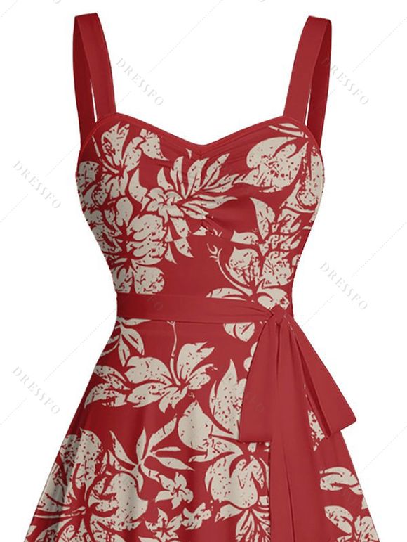 Mini Robe Ligne A Vintage Motif de Feuille Fleurie Au Poitrine à Volants - Rouge foncé L | US 8-10