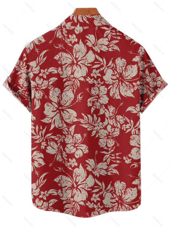 Chemise de Vacances Vintage Motif de Feuille D'Hibiscus Boutonnée à Manches Courtes - Rouge foncé M