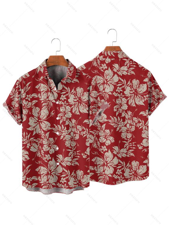 Chemise de Vacances Vintage Motif de Feuille D'Hibiscus Boutonnée à Manches Courtes - Rouge foncé M