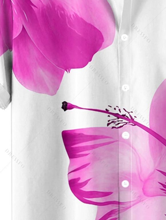 Chemise de Plage Motif de Fleur Tropicale Boutonnée à Manches Roulées pour Homme - Rose clair 2XL