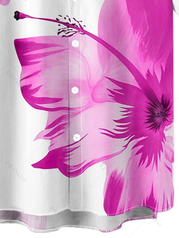 Chemise de Plage Motif de Fleur Tropicale Boutonnée à Manches Roulées pour Homme - Rose clair 2XL