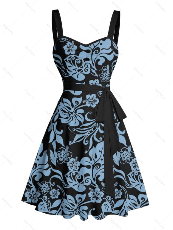Mini Robe de Vacances Ligne A Motif de Fleur Au Poitrine Ceinturée à Volants - Bleu S | US 4