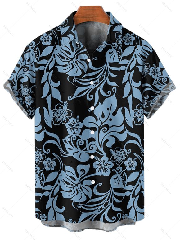 Men's Allover Hibiscus Floral Pattern Vacation Shirt Roll Up Short Sleeve Button Up Turn Down Collar Casual Shirt - BLUE 2XL