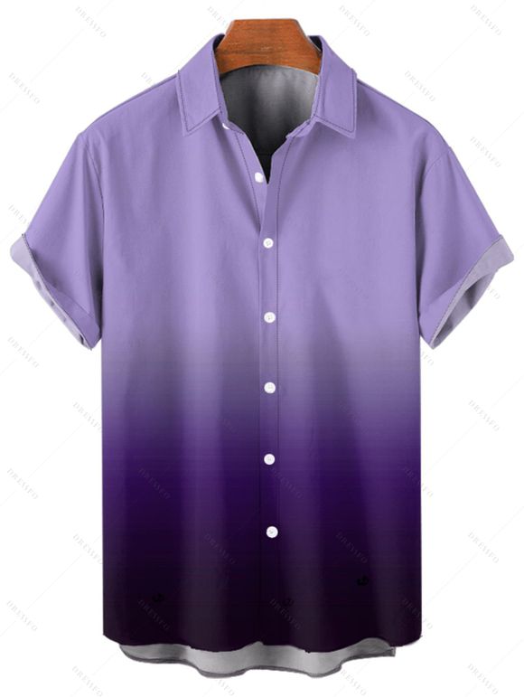 Men's Ombre Casual Shirt Button Up Roll Up Sleeve Turn Down Collar Shirt - PURPLE L