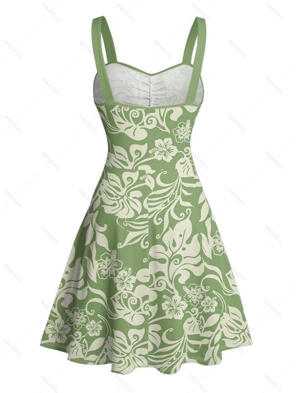 Mini Robe de Vacances Ligne A Motif de Fleur Au Poitrine Ceinturée à Volants - Vert S | US 4