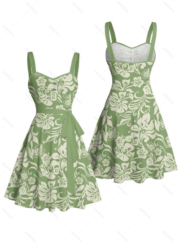 Mini Robe de Vacances Ligne A Motif de Fleur Au Poitrine Ceinturée à Volants - Vert S | US 4