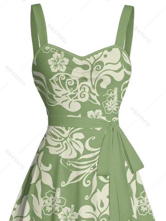 Mini Robe de Vacances Ligne A Motif de Fleur Au Poitrine Ceinturée à Volants - Vert S | US 4