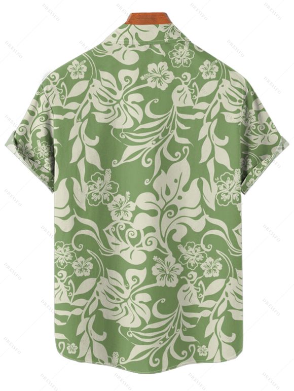 Chemise de Vacances Décontractée Motif de Fleur D'Hibiscus à Manches Courtes à Col Relevé - Vert 5XL