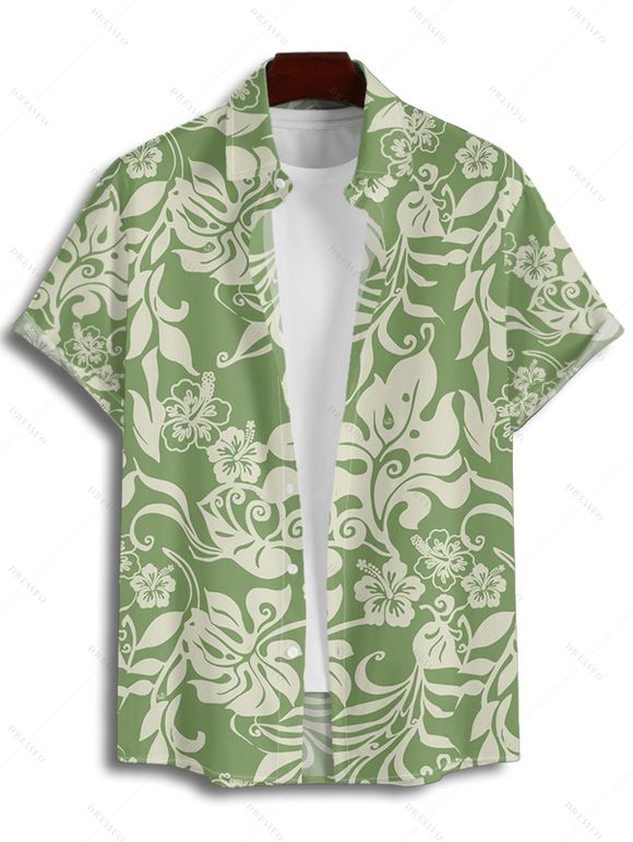Chemise de Vacances Décontractée Motif de Fleur D'Hibiscus à Manches Courtes à Col Relevé - Vert 5XL