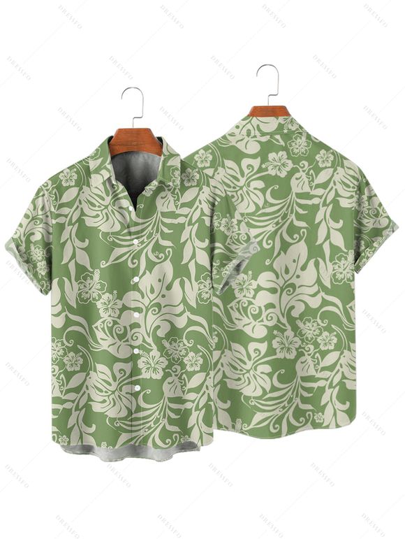 Chemise de Vacances Décontractée Motif de Fleur D'Hibiscus à Manches Courtes à Col Relevé - Vert 5XL