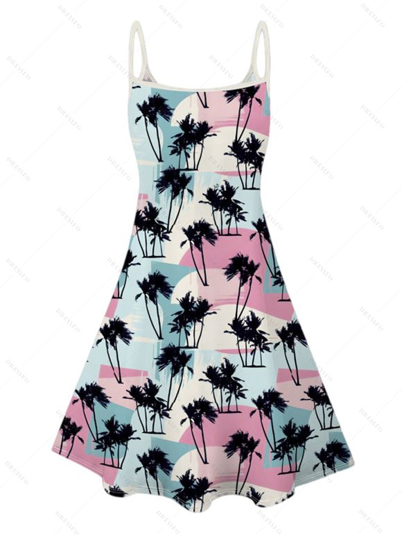 Vacation Couple Outfit Allover Coconut Tree Geometric Colorblock Pattern Spaghetti Strap V Neck A Line Mini Tank Dress and Roll Up Sleeve Shirt Beach Matching Outfit - multicolor S | US 4