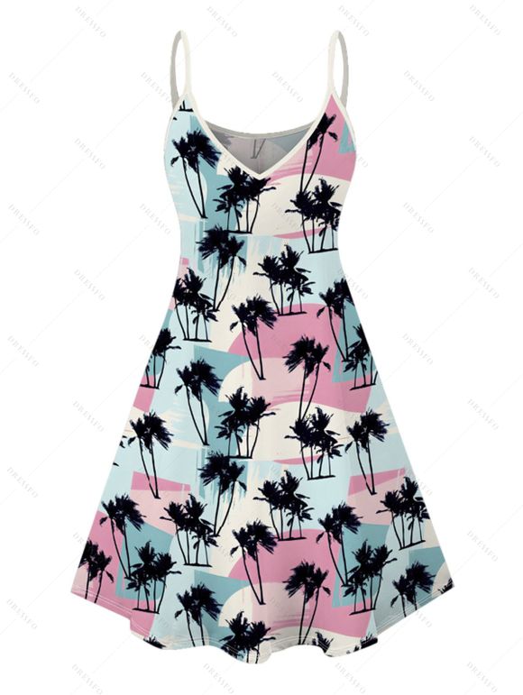 Vacation Couple Outfit Allover Coconut Tree Geometric Colorblock Pattern Spaghetti Strap V Neck A Line Mini Tank Dress and Roll Up Sleeve Shirt Beach Matching Outfit - multicolor S | US 4