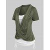 T-shirt Chiné Contrasté Croisé en Blocs de Couleurs à Manches Courtes Faux Deux Pièces - Vert profond L