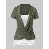 T-shirt Chiné Contrasté Croisé en Blocs de Couleurs à Manches Courtes Faux Deux Pièces - Vert profond XXL