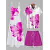 Vacation Couple Outfit Tropical Floral Pattern Spaghetti Strap Pocket A Line Long Dress and Roll Up Sleeve Solid Color Drawstrings Shorts Matching Outfit - Rose clair S | US 4