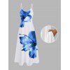 Vacation Couple Outfit Tropical Floral Pattern Spaghetti Strap Pocket A Line Long Dress and Roll Up Sleeve Solid Color Drawstrings Shorts Matching Outfit - Bleu S | US 4