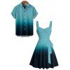 Casual Couple Outfit Ombre Ruched Bust Belt Sweetheart Neck A Line Mini Dress and Roll Up Sleeve Shirt Matching Outfit - Vert S | US 4