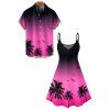 Vacation Couple Outfit Ombre Coconut Tree Seagulls Pattern Spaghetti Strap V Neck A Line Mini Tank Dress and Roll Up Sleeve Shirt Beach Matching Outfit