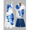 Vacation Couple Outfit Tropical Floral Pattern Spaghetti Strap Pocket A Line Long Dress and Roll Up Sleeve Solid Color Drawstrings Shorts Matching Outfit - Bleu S | US 4