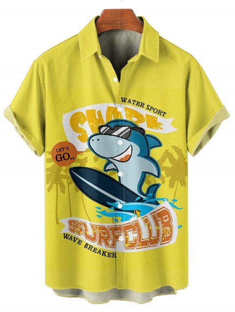 Chemise Motif de Lettre et Requin Mignon Boutonnée à Manches Courtes