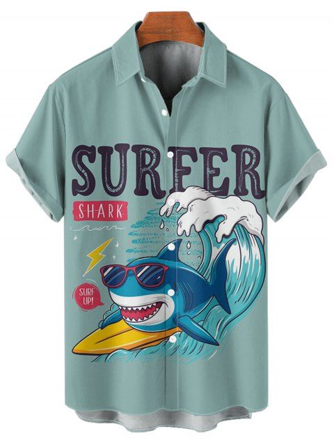 Chemise Motif de Lettre et de Vague Boutonnée à Manches Courtes pour Homme