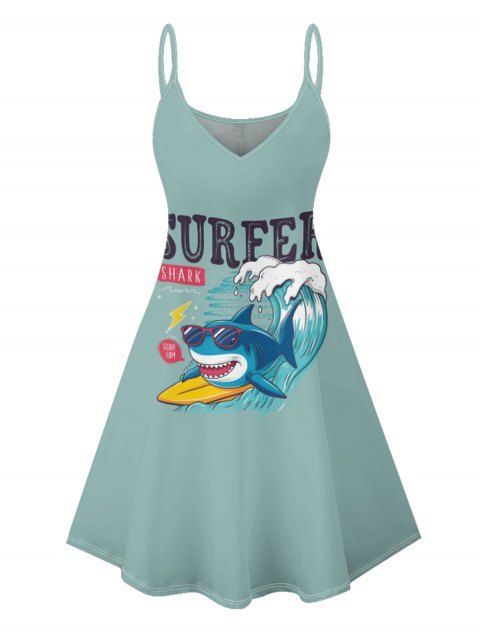 Shark with Sunglasses Surfboard Wave Letter Pattern Vacation Dress Spaghetti Strap V Neck A Line Mini Beach Tank Dress