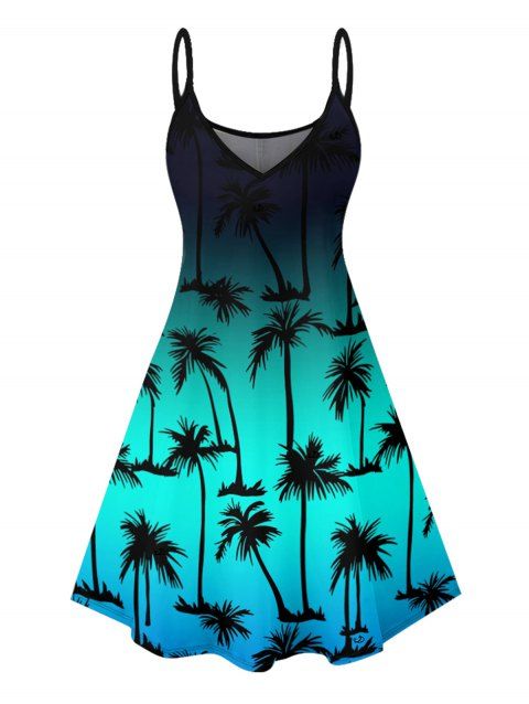 Coconut Tree Pattern Ombre Vacation Dress V Neck Spaghetti Strap A Line Mini Tank Dress