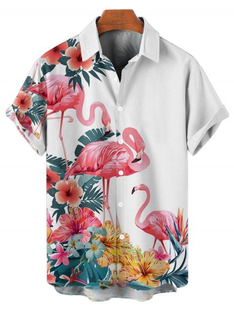 Chemise de Vacances Décontractée Motif de Feuille D'Hibiscus et de Fleur Boutonnée à Manches Courtes