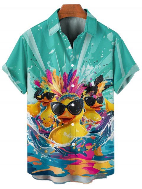 Chemise Boutonnée Canard avec Lunettes de Soleil Imprimé à Manches Roulées pour Homme