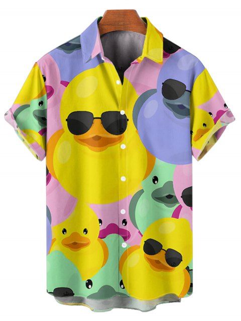 Chemise de Plage Amusant en Tissu Coloré avec Motif de Canard à Manches Roulées Boutonnée pour Homme