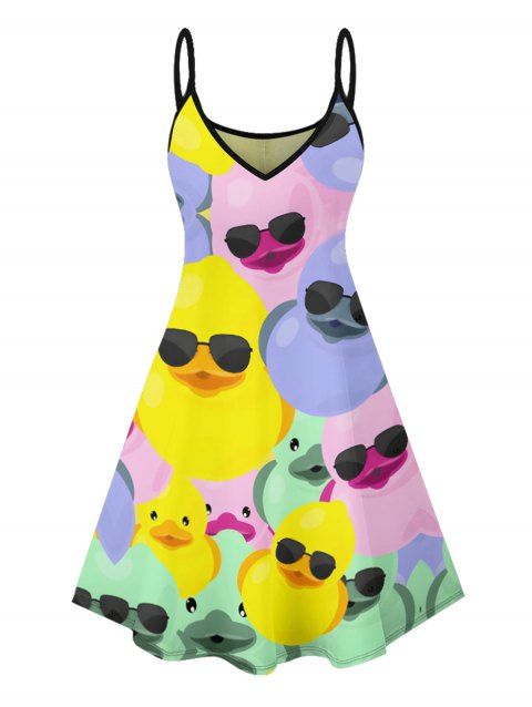 Robe Débardeur à Motif Canard Coloré à Col en V et Bretelles Spaghetti pour Femme