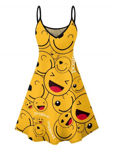 Robe Courte Trapèze à Lettre et Visage Souriant à Bretelles Spaghetti